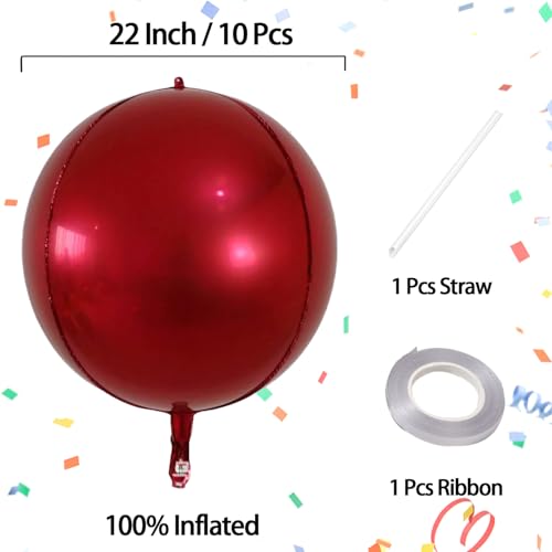 KALOR 10 Pcs 22 Inch Burgundy Red Mylar Balloons Large 4D Giant Round Foil Balloon Big Mirror Metallic Balloons for Birthday Party Baby Shower Gender Reveal Supplies - Image 5