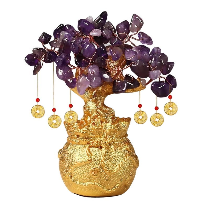 Chiorgone Amethyst Crystal Money Tree - Feng Shui Wisdom Purification Golden Bag Bonsai Lucky Gemstone Home Office Decor (14cm Height) - Image 1
