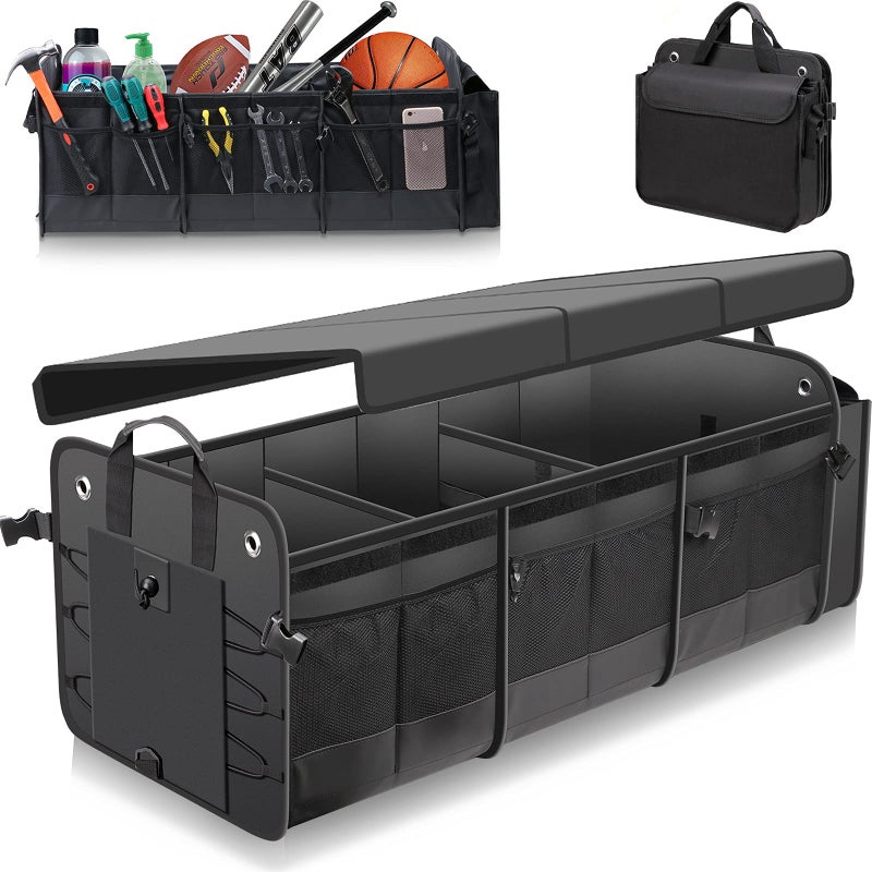 MOJIOO Large Trunk Organizer with Removable Cooler BagCollapsible Multi Compartments wFoldable Cover Non Slip Bottom Cargo Storage Suitable for Any Car SUV Truck or Van3 compartmentsBlack