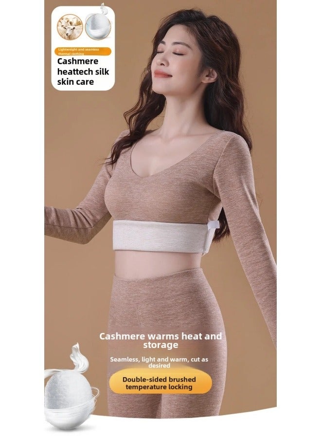 CCOVERY Women Thermal Underwear Winter Long Sleeve Bottoming Top Seamless Thick Double Layer Warm Long Johns Woman 2Pcs Set Sleepwear Beige  - Image 2