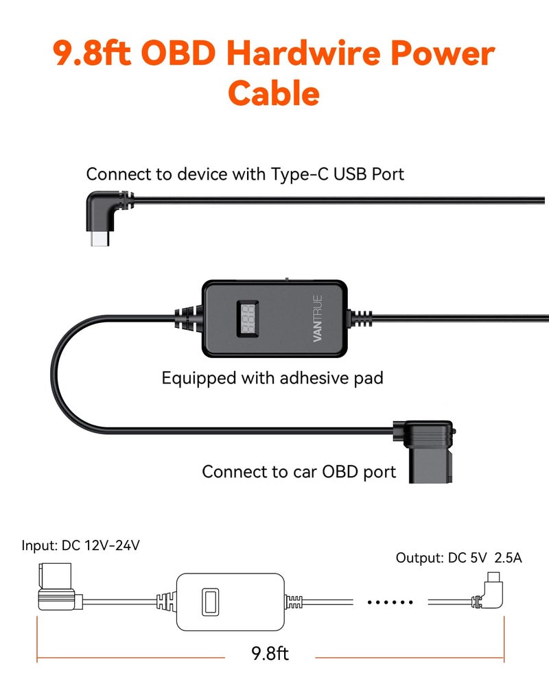 VANTRUE 10ft USB-C USB LED Screen OBD Hardwire Power Cable, 3 Gear Shifting, Low Voltage Protection for Parking Mode, for E1 Pro,N4 Pro S,N5(S),N4(S),S1 Pro(Max),N2X,E360/ACE,E1 Lite, E2 Dash Cam - Image 2