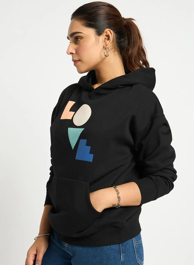 Femmella Black Oversized Graphic Hoodie