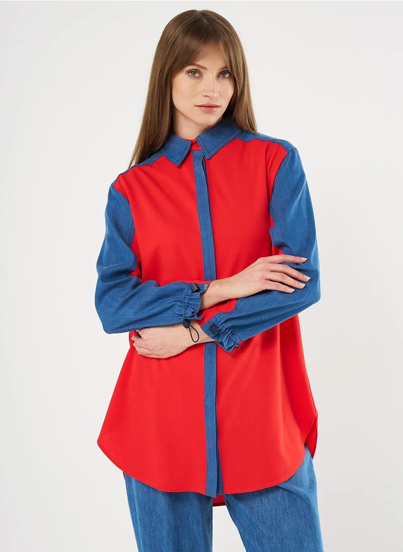 Kayra Denim-Trimmed Shirt Collar Tunic Red