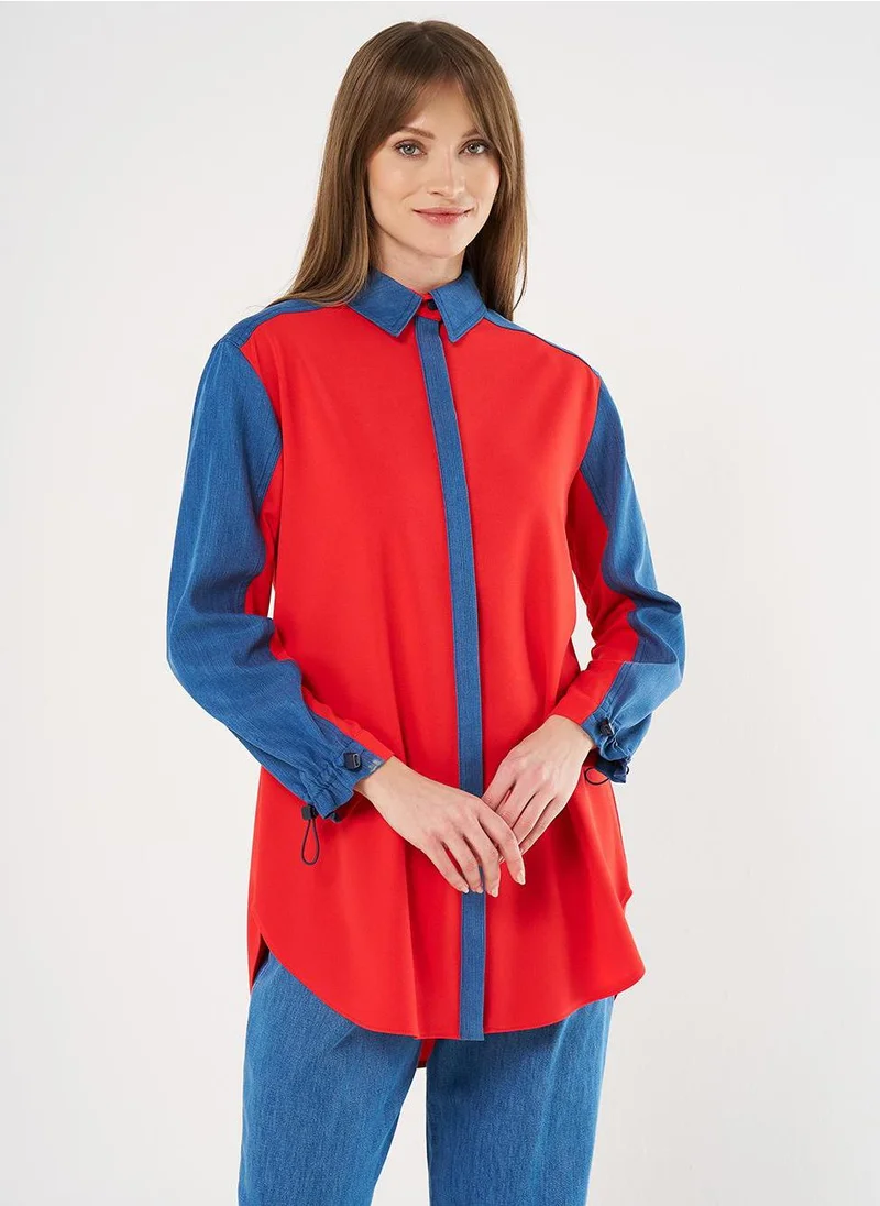 Kayra Denim-Trimmed Shirt Collar Tunic Red