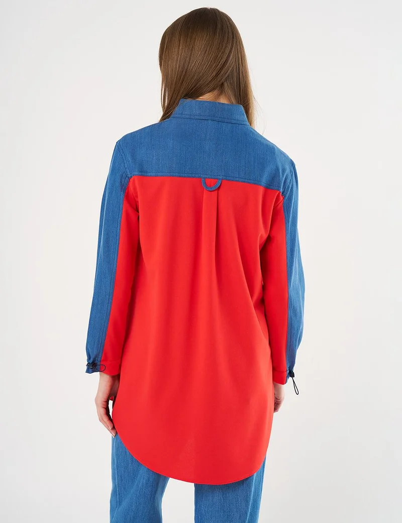 Kayra Denim-Trimmed Shirt Collar Tunic Red