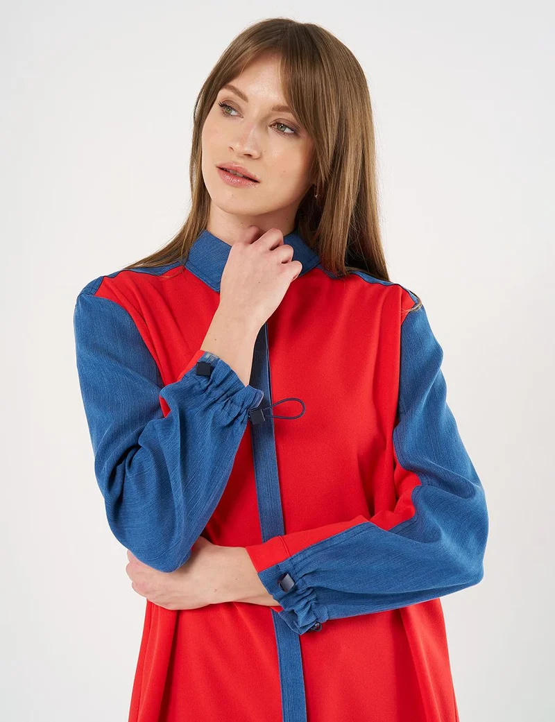 Kayra Denim-Trimmed Shirt Collar Tunic Red
