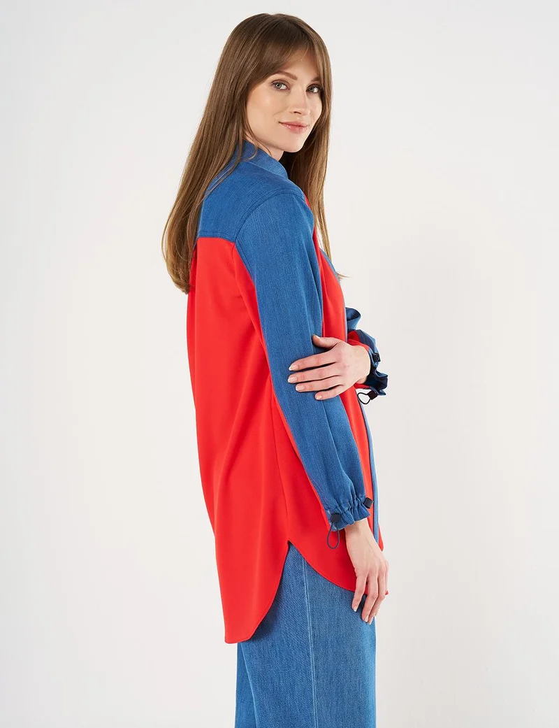 Kayra Denim-Trimmed Shirt Collar Tunic Red