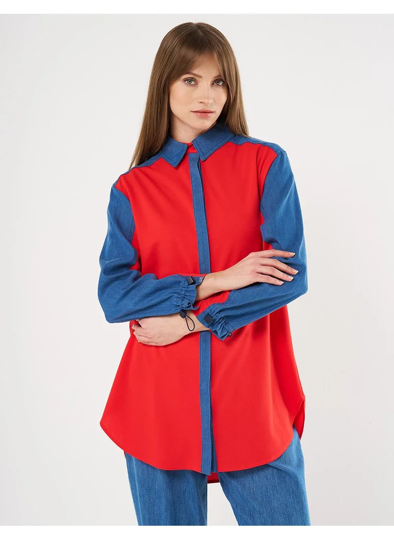 Kayra Denim-Trimmed Shirt Collar Tunic Red