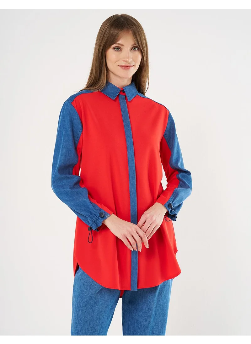Kayra Denim-Trimmed Shirt Collar Tunic Red