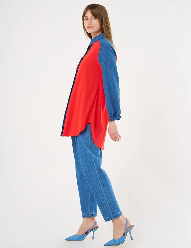 Kayra Denim-Trimmed Shirt Collar Tunic Red