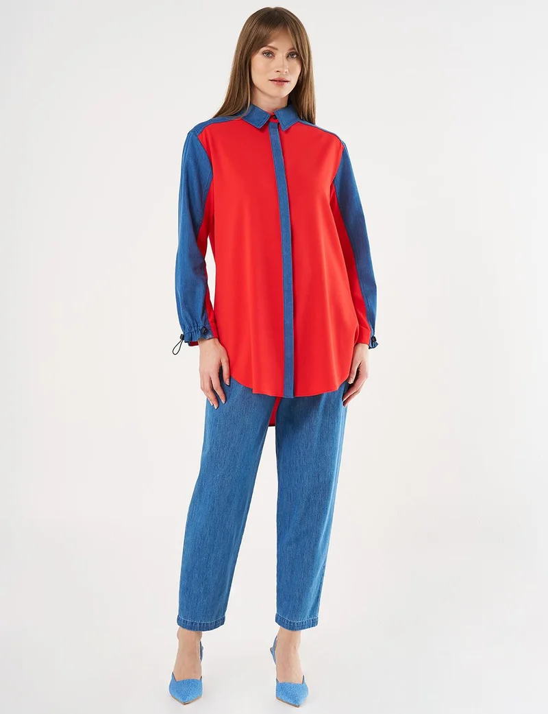 Kayra Denim-Trimmed Shirt Collar Tunic Red