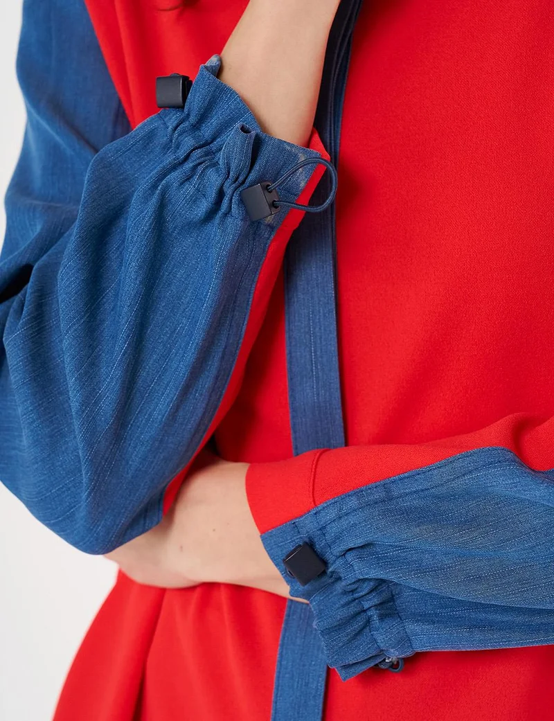 Kayra Denim-Trimmed Shirt Collar Tunic Red