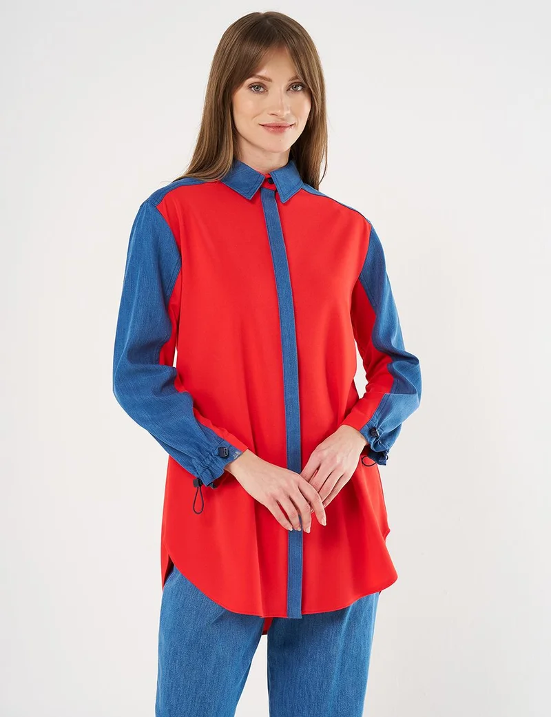 Kayra Denim-Trimmed Shirt Collar Tunic Red