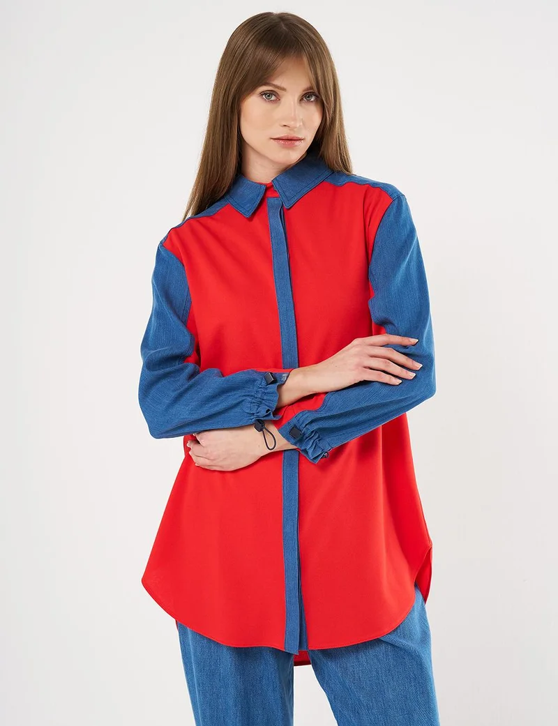 Kayra Denim-Trimmed Shirt Collar Tunic Red