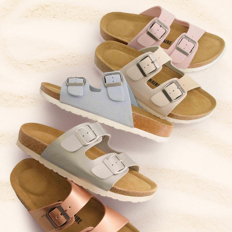 CUSHIONAIRE CUSHIONAIRE Lane Cork Footbed Sandals for Women – Comfortable Double Buckle Slip-On with Genuine Suede Footbed & Arch Support Slides for Women Footwear, TAUPE 7 - Image 5