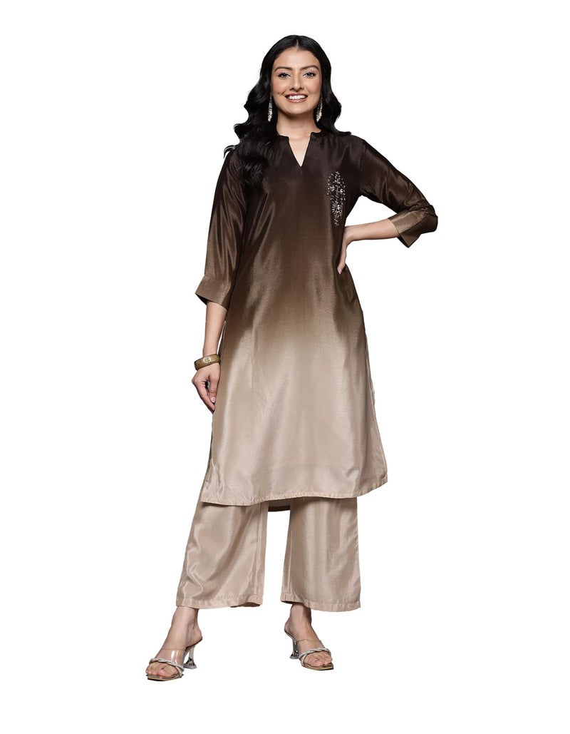 Varanga Women Embroidered camel brown ombre printed kurta embellished with sequins and beads, styled with a matching bottom. - Image 1