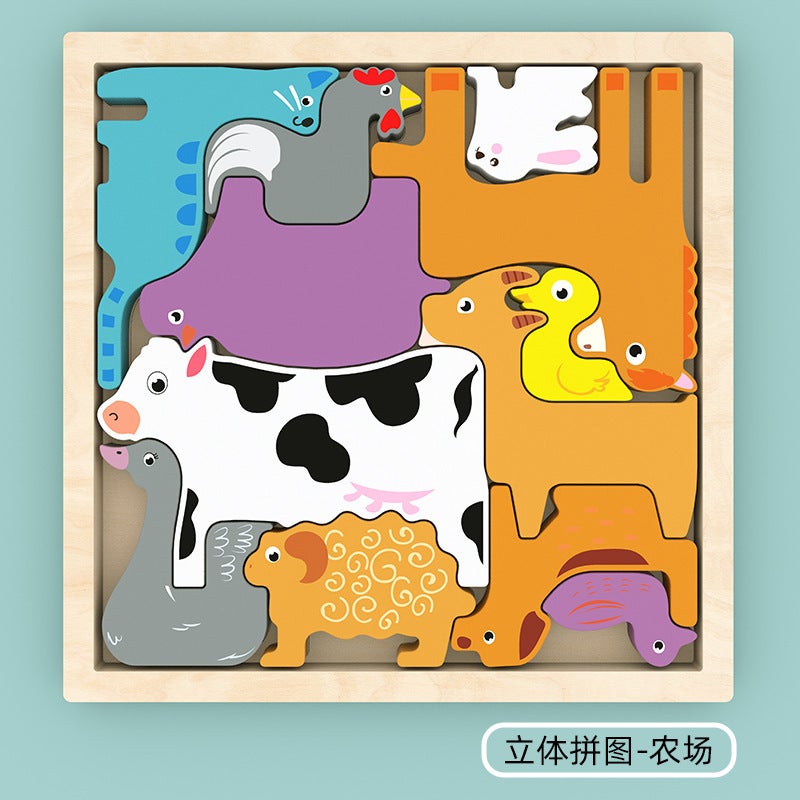 Children'S Cartoon Animal Creative Wooden Three-Dimensional Jigsaw Puzzle Animal Hand-Scratch Puzzle Building Blocks Traffic Puzzle - Image 1