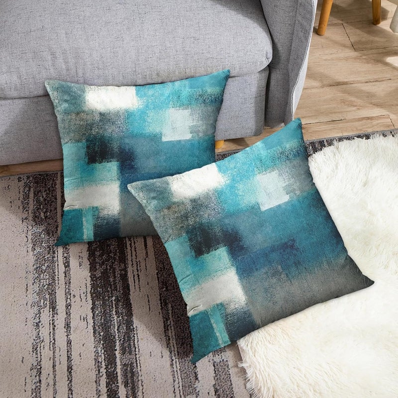 Britimes Throw Pillow Covers Modern Home Art Decor, 18 x 18 Inches Set of 2 Pillow Cases Decorative, Abstract Oil Painting Pillowcases for Bedroom, Living Room, Teal Peacock Blue - Image 3