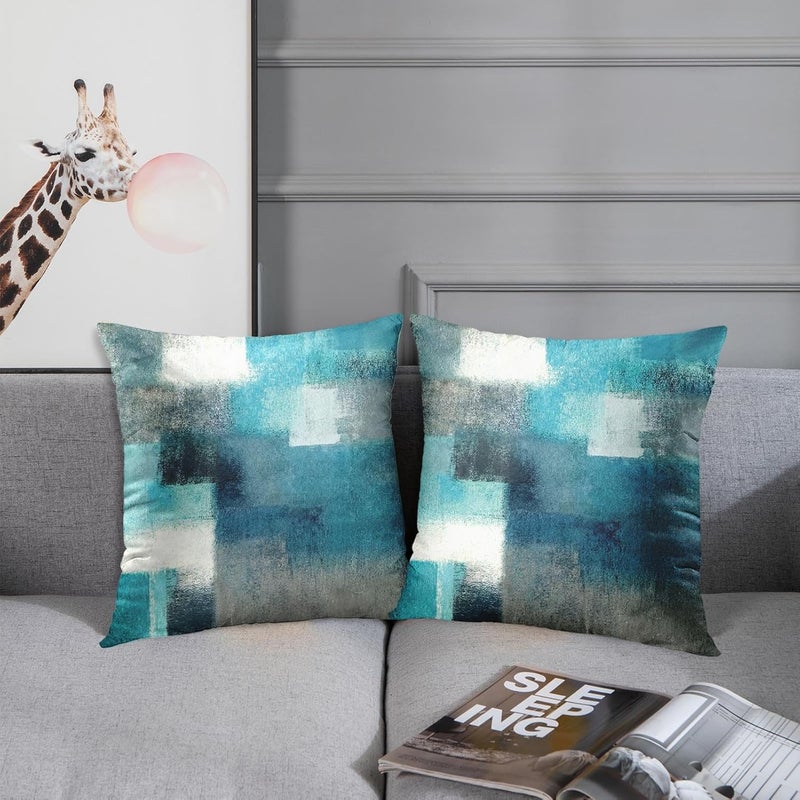 Britimes Throw Pillow Covers Modern Home Art Decor, 18 x 18 Inches Set of 2 Pillow Cases Decorative, Abstract Oil Painting Pillowcases for Bedroom, Living Room, Teal Peacock Blue - Image 2