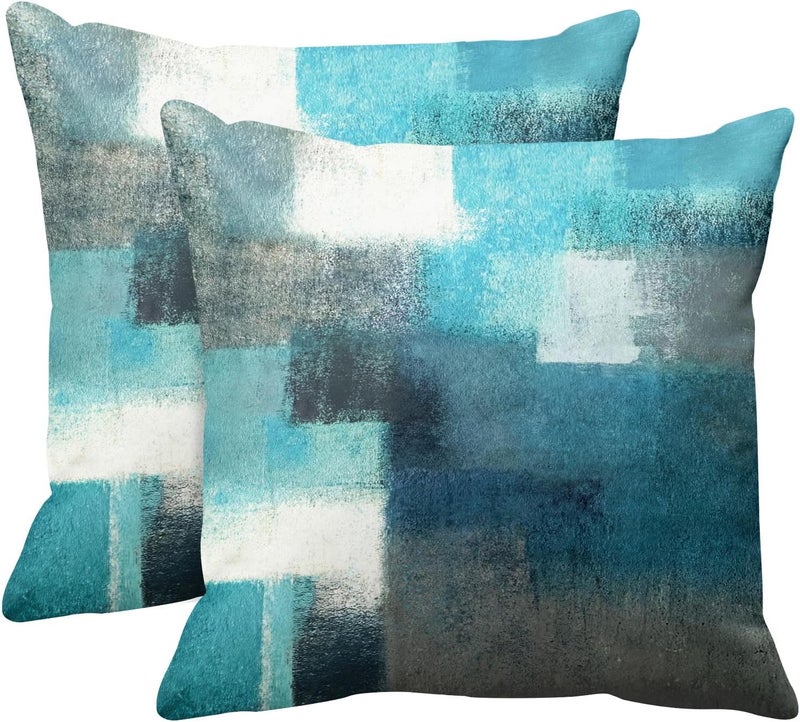 Britimes Throw Pillow Covers Modern Home Art Decor, 18 x 18 Inches Set of 2 Pillow Cases Decorative, Abstract Oil Painting Pillowcases for Bedroom, Living Room, Teal Peacock Blue - Image 1