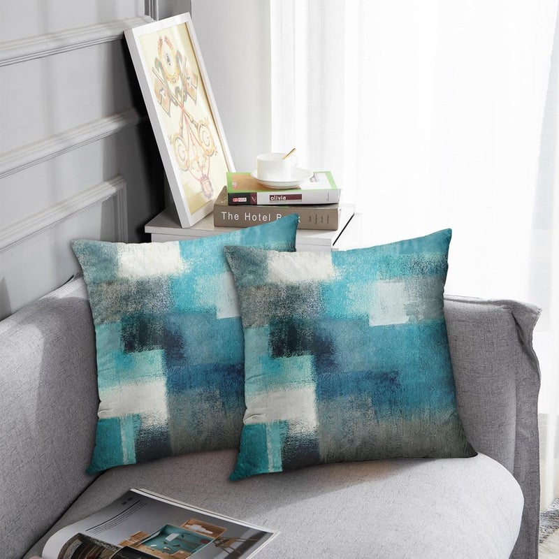 Britimes Throw Pillow Covers Modern Home Art Decor, 18 x 18 Inches Set of 2 Pillow Cases Decorative, Abstract Oil Painting Pillowcases for Bedroom, Living Room, Teal Peacock Blue - Image 4