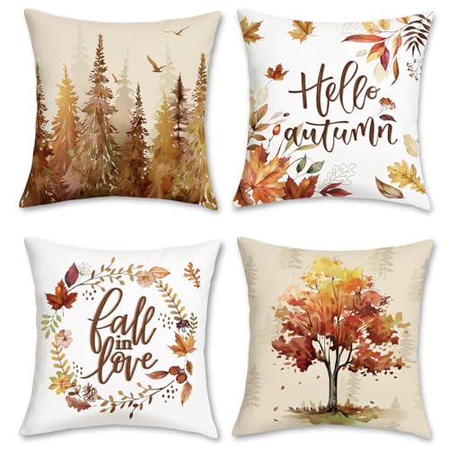 Bonhause Fall Leaves Throw Pillow Covers 18 x 18 Inch Pine Trees Leaf Wreath Decorative Pillow Cases for Couch Sofa Bed Home Fall Decor Set of 4 - Image 1