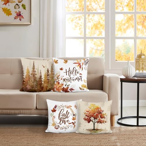 Bonhause Fall Leaves Throw Pillow Covers 18 x 18 Inch Pine Trees Leaf Wreath Decorative Pillow Cases for Couch Sofa Bed Home Fall Decor Set of 4 - Image 3