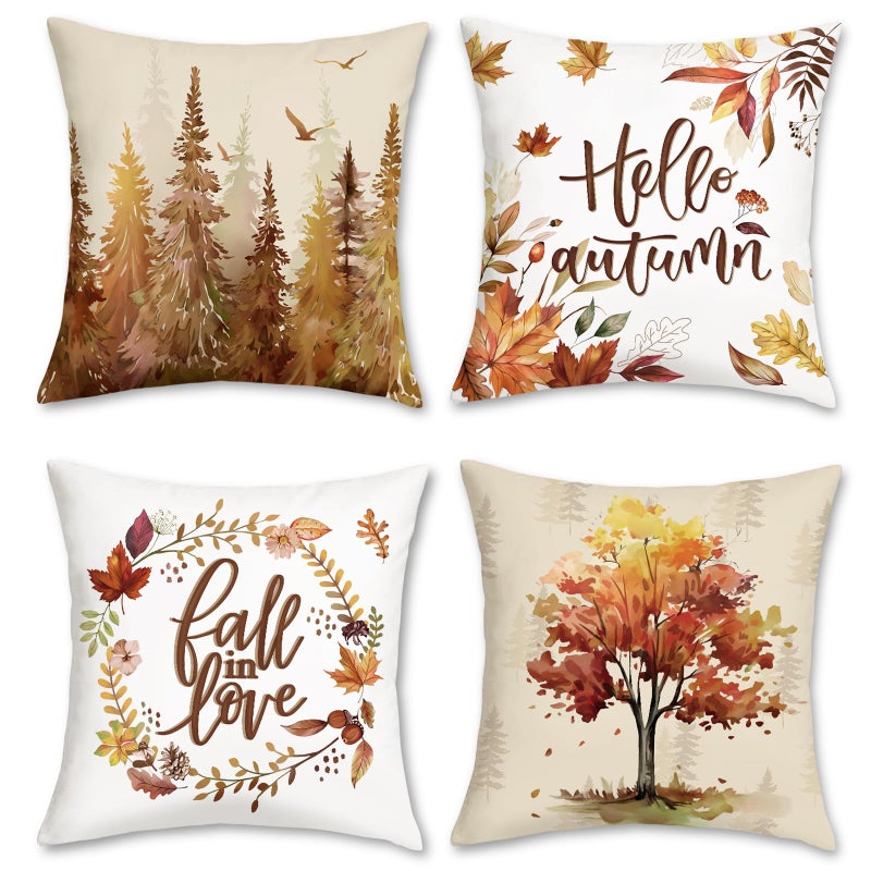 Bonhause Fall Leaves Throw Pillow Covers 18 x 18 Inch Pine Trees Leaf Wreath Decorative Pillow Cases for Couch Sofa Bed Home Fall Decor Set of 4 - Image 2