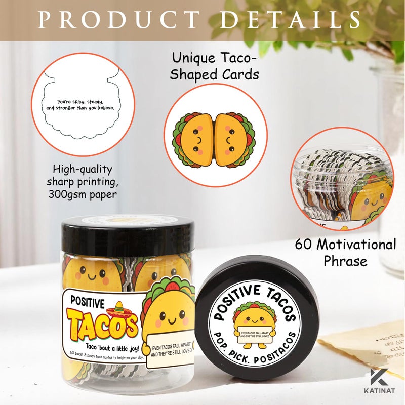 KATINAT Positive Taco Jar 60 Affirmation Cards Birthday Gifts for Women Men Easter Basket Stuffers Essentials Adult Kids Son Mom Dad Daughter Sister Friend Coworkers Self Care Emotional Inspirational Support - Image 2