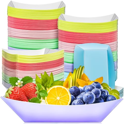 MotBach 100 Pack Colorful 3LB Paper Food Boat Trays Disposable Paper Boats Plates Containers Colored Kraft Food Serving Boat Tray Basket for Snack Sandwich Burger BBQ Dessert Popcorn Taco Fries Nacho