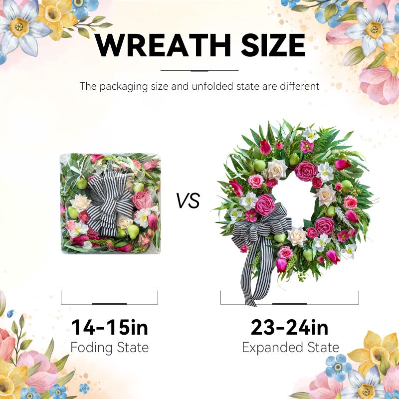 Soomeir Spring Wreaths for Front Door 24 Inch with Roses, Tulips & Greenery Summer Wreaths for Front Door Outside Spring & Summer Door Wreath with Ribbon Bow & Decorative Fruits Outdoor Wreath for Front Door - Image 5