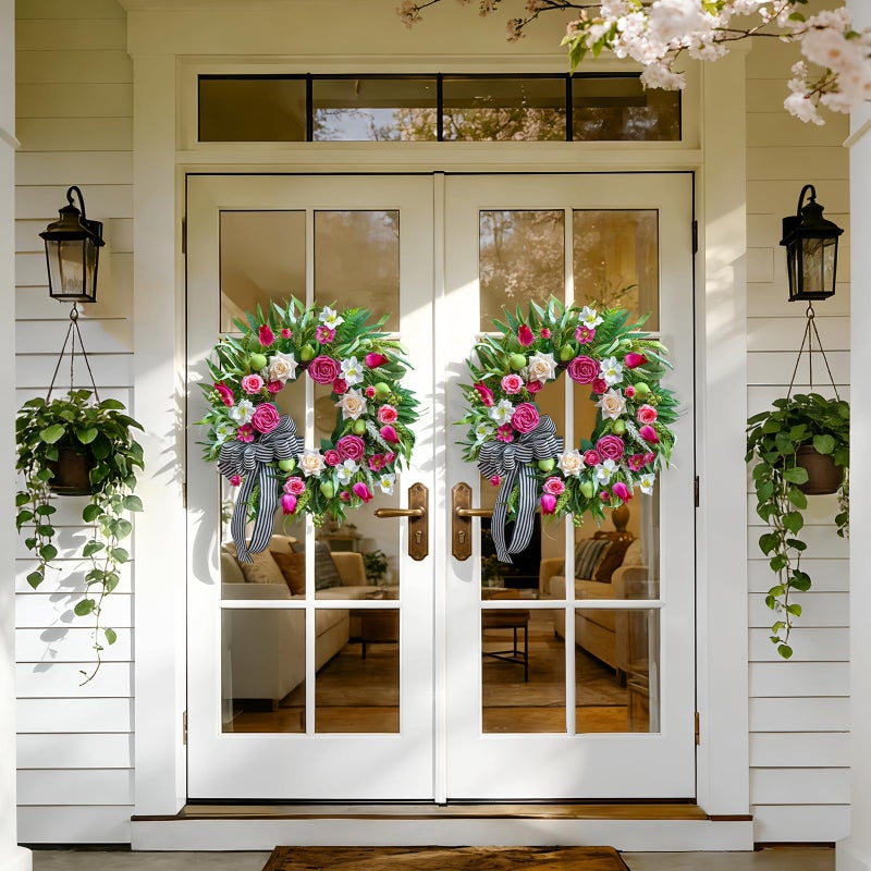 Soomeir Spring Wreaths for Front Door 24 Inch with Roses, Tulips & Greenery Summer Wreaths for Front Door Outside Spring & Summer Door Wreath with Ribbon Bow & Decorative Fruits Outdoor Wreath for Front Door - Image 3