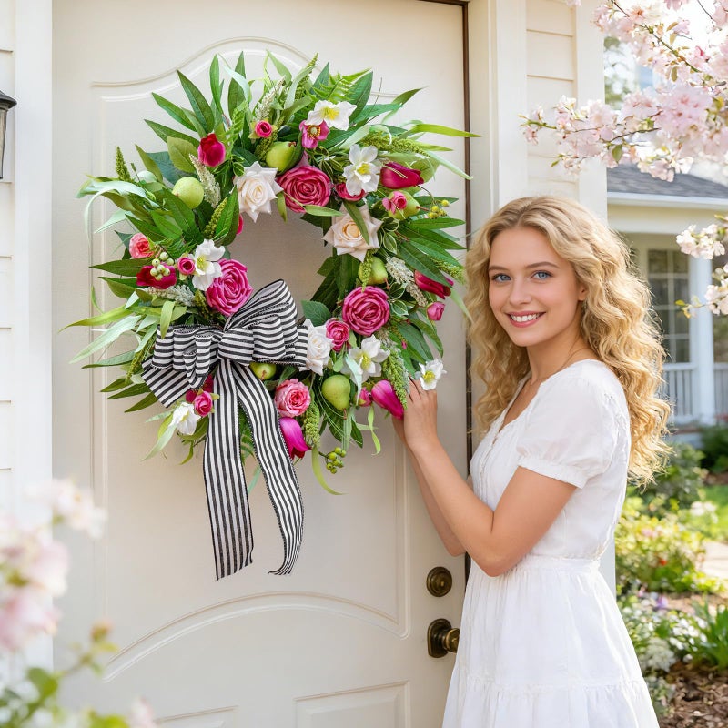 Soomeir Spring Wreaths for Front Door 24 Inch with Roses, Tulips & Greenery Summer Wreaths for Front Door Outside Spring & Summer Door Wreath with Ribbon Bow & Decorative Fruits Outdoor Wreath for Front Door - Image 2