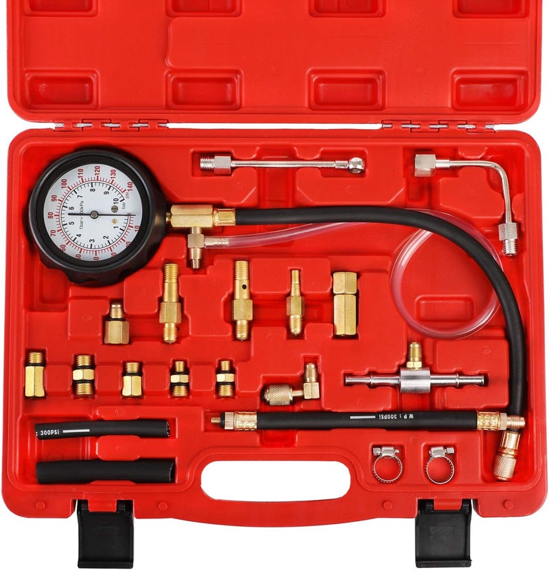 YSTOOL Fuel Pressure Tester Gauge Kit 140PSI Automotive Engine Injector Pump Test Gasoline Gas Injection Manometer Tool Set with Inline Fitting Schrader Adapter for Auto Car Motorcycle (Red Case) - Image 1
