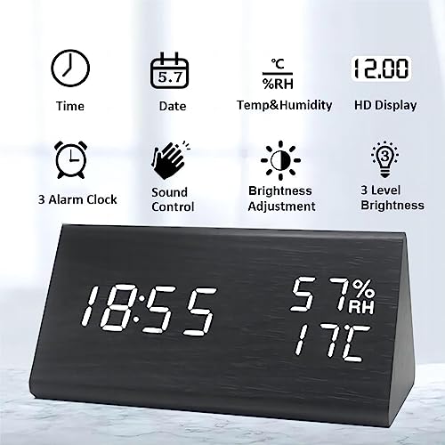 Lancoon Wooden Alarm Clock Time Date Temperature and Humidity Display 1224H Sound Activation 3 Alarm Settings Adjustable Brightness for Home Bedroom Office Travel - Image 3