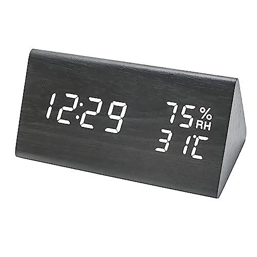 Lancoon Wooden Alarm Clock Time Date Temperature and Humidity Display 1224H Sound Activation 3 Alarm Settings Adjustable Brightness for Home Bedroom Office Travel - Image 1