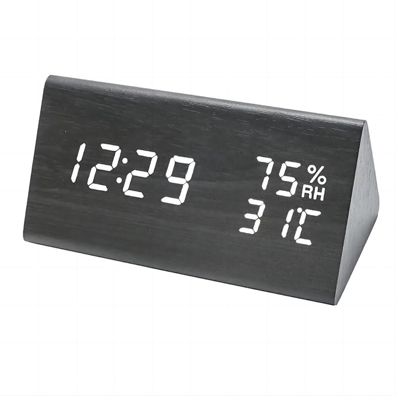 Lancoon Wooden Alarm Clock Time Date Temperature and Humidity Display 1224H Sound Activation 3 Alarm Settings Adjustable Brightness for Home Bedroom Office Travel - Image 2