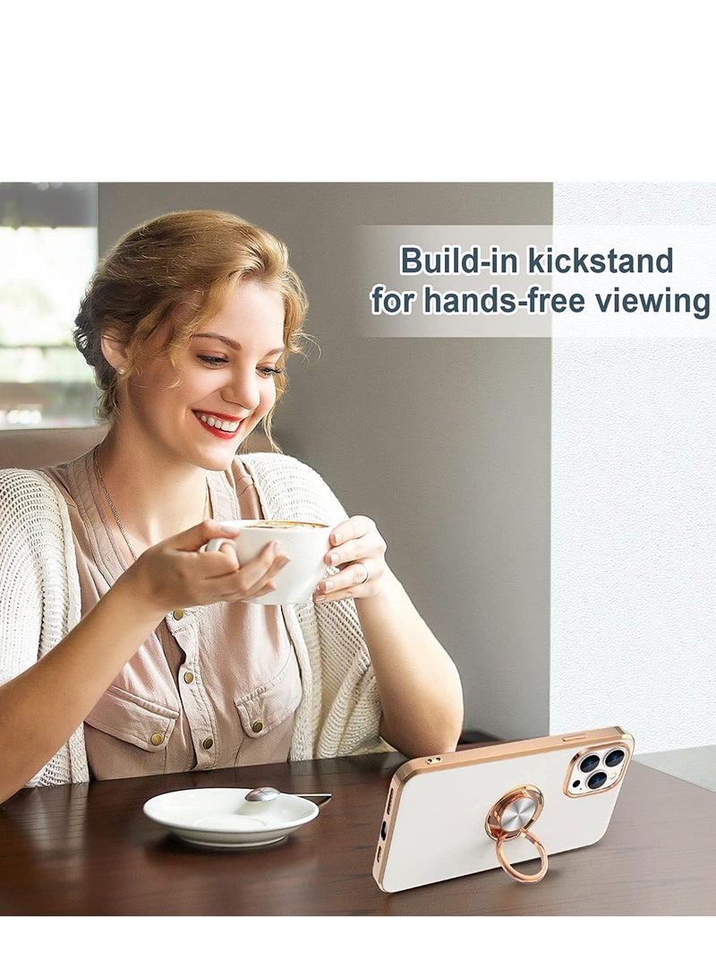 Case for iPhone 14 Pro Case with Ring Stand [360° Rotatable Ring Holder Magnetic Kickstand] [Support Car Mount] Plated Rose Gold Edge Slim Soft TPU Luxury Protective Phone Case Cover, White - Image 5