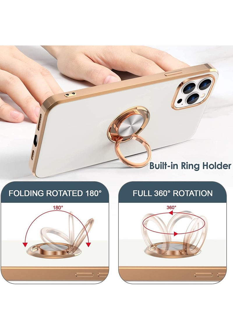 Case for iPhone 14 Pro Case with Ring Stand [360° Rotatable Ring Holder Magnetic Kickstand] [Support Car Mount] Plated Rose Gold Edge Slim Soft TPU Luxury Protective Phone Case Cover, White - Image 3