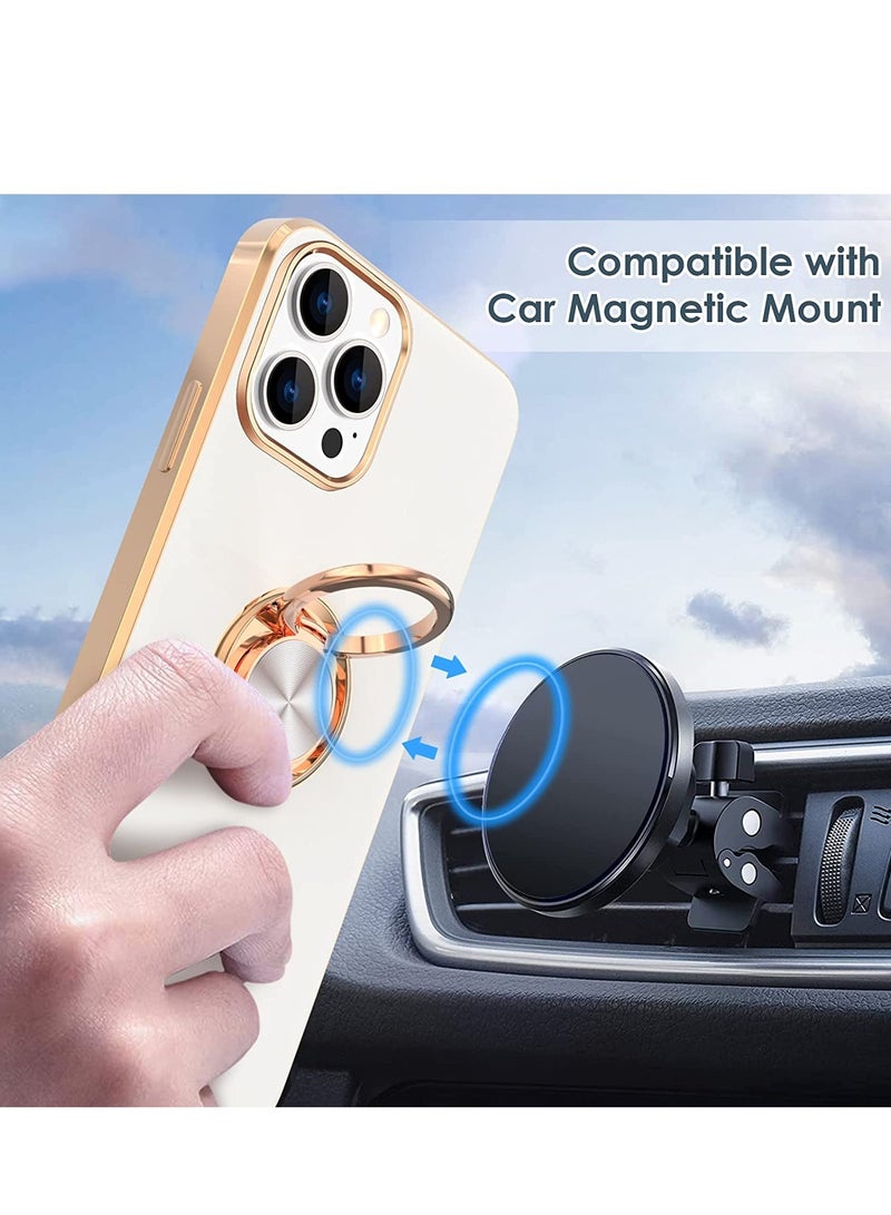 Case for iPhone 14 Pro Case with Ring Stand [360° Rotatable Ring Holder Magnetic Kickstand] [Support Car Mount] Plated Rose Gold Edge Slim Soft TPU Luxury Protective Phone Case Cover, White - Image 4