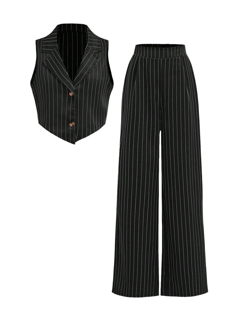 Floerns Girl's 2 Piece Outfits Elegant Striped Sleeveless Suit Vest & Long Elastic Casual Pants Set Black and White 11Y - Image 1