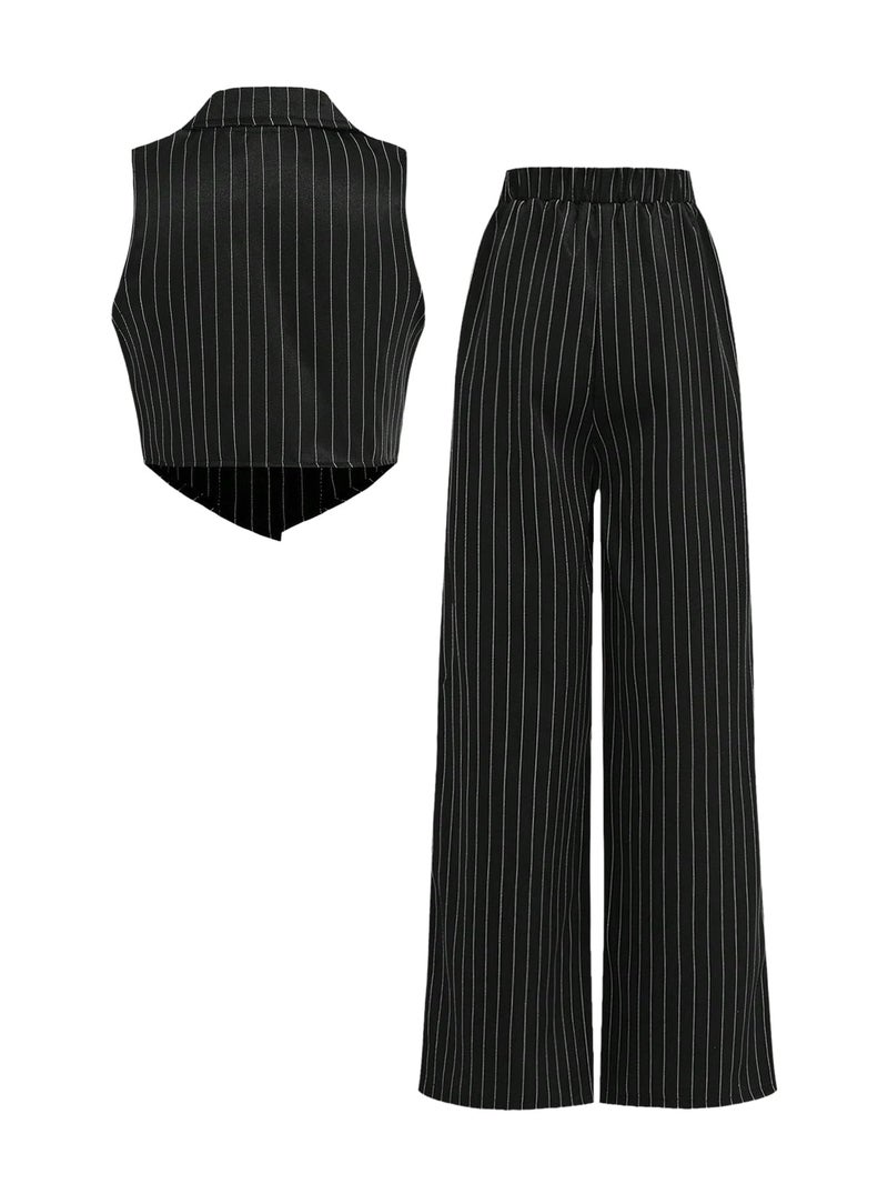 Floerns Girl's 2 Piece Outfits Elegant Striped Sleeveless Suit Vest & Long Elastic Casual Pants Set Black and White 11Y - Image 2
