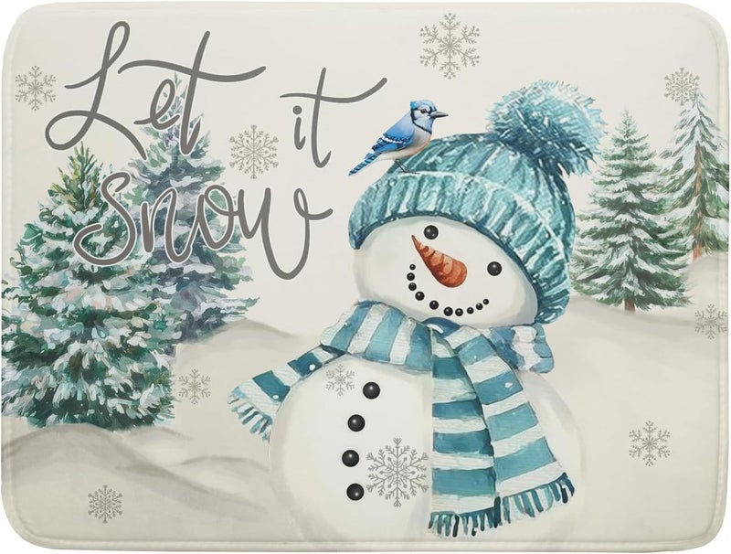 Giwawa Blue Snowman Dish Drying Mat Xmas Trees Bird Winter Snowy Scene Dish Drainer Mats 18"x24" Let It Snow Microfiber Reversible Dish Drying Rack Pad Protector for Kitchen Countertop Decor - Image 1