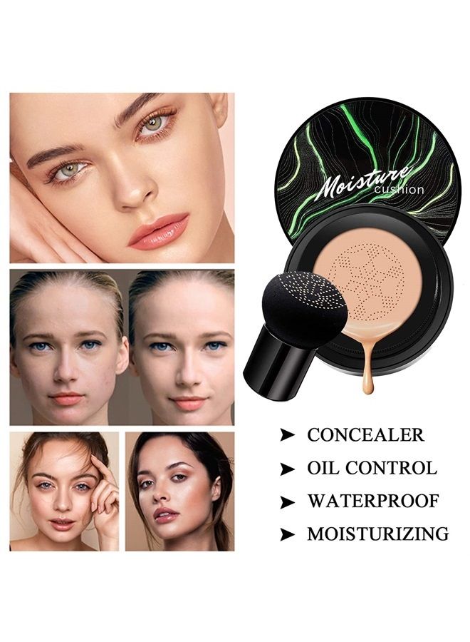 Hilareco Air Cushion CC Cream Nature Foundation ,Moisturizing BB Cream Makeup Long Lasting Matte Concealer , Bright Makeup Base Long Lasting with Mushroom Makeup Sponge 
