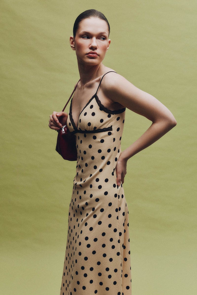 DeFacto Yellow Woman Heart Collar Polka Dot Crinkle Maxi Dress Casual - Image 3