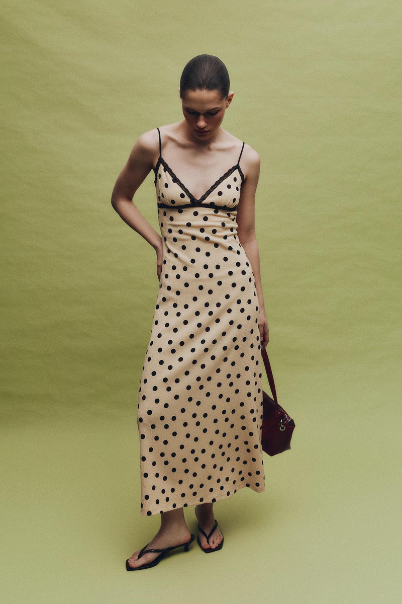 DeFacto Yellow Woman Heart Collar Polka Dot Crinkle Maxi Dress Casual - Image 2