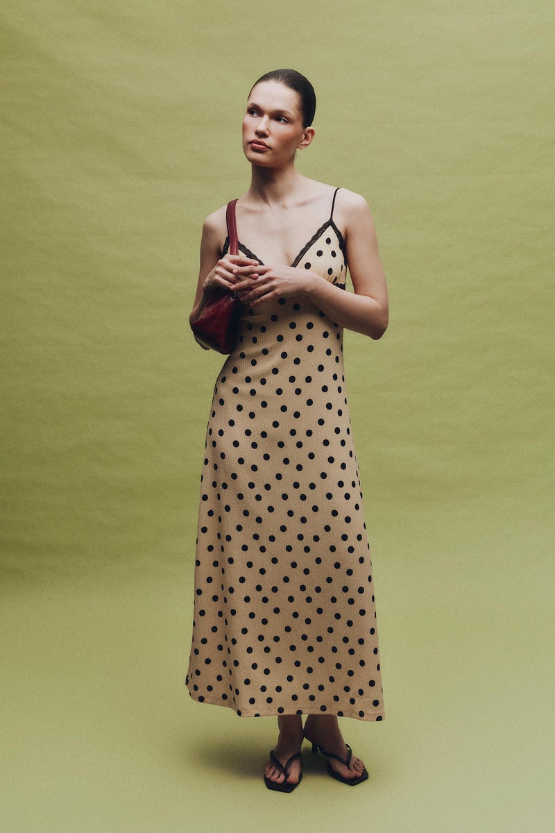 DeFacto Yellow Woman Heart Collar Polka Dot Crinkle Maxi Dress Casual - Image 1