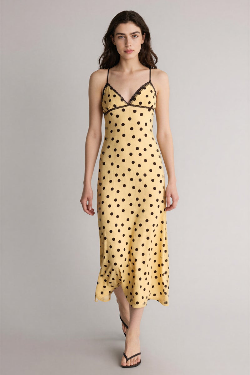 DeFacto Yellow Woman Heart Collar Polka Dot Crinkle Maxi Dress Casual - Image 5