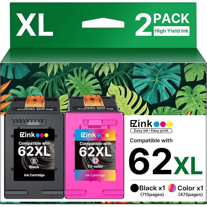 E-Z Ink 62XL Remanufactured Ink Cartridges for Ink 62 62XL High Yield Use with Envy 5540 5640 5660 7644 OfficeJet 5740 5741 8040 OfficeJet 200 250 Series Printer (2-Pack, 1 Black 1 Tri-Color)