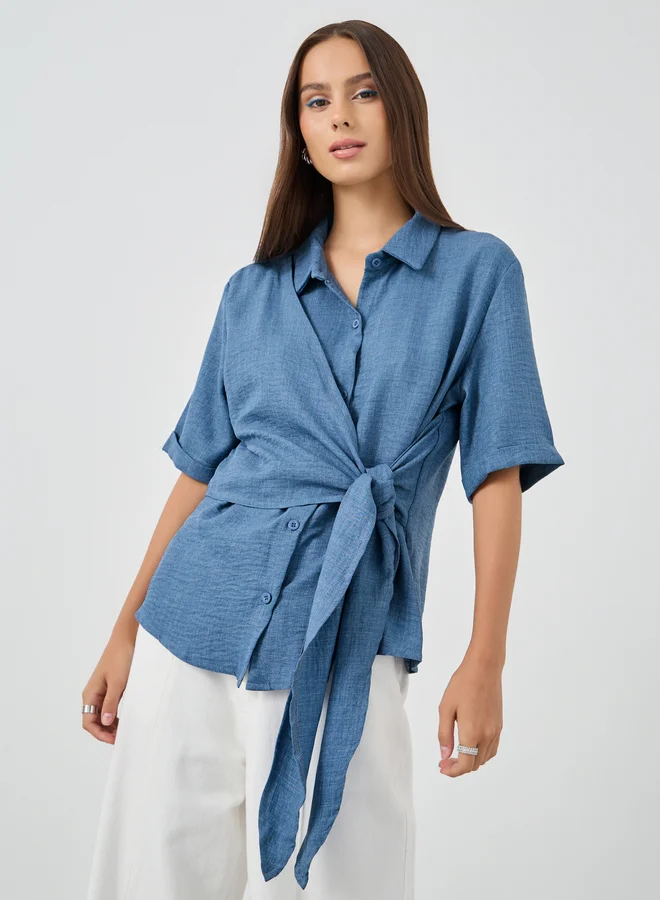 تايك تو Take Two Textured Short Sleeve Wrap Shirt
